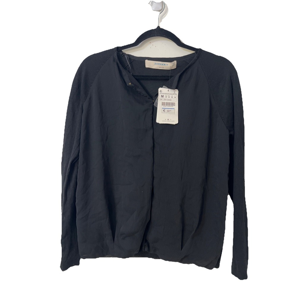 Zara Knit Cardigan Sweater Sz M Black Mix Material Long Sleeve Sheer
